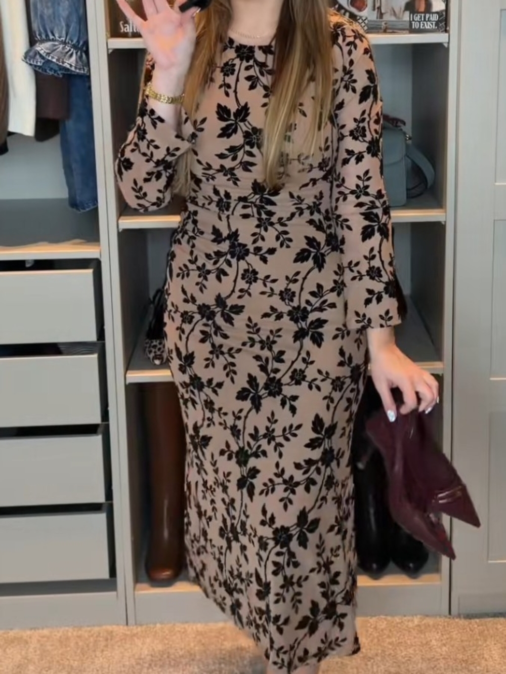 Taupe Floral Velvet-Print Maxi Dress - Women's